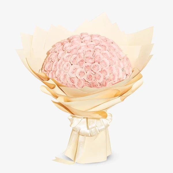 A large bouquet of 100 light pink roses wrapped in pale yellow paper and tied with a ribbon.