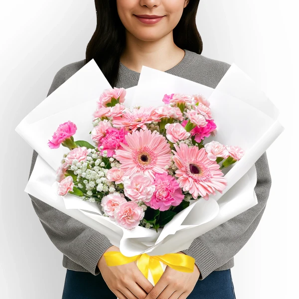Woman holding a pink gerbera and carnation bouquet wrapped in white paper, tied with a yellow ribbon.