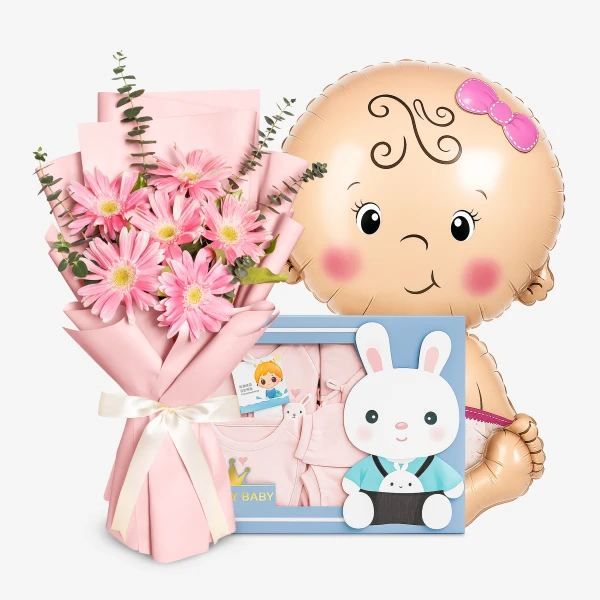 Baby girl gift set: pink flowers, baby clothes, and a foil baby balloon with a bunny cutout.