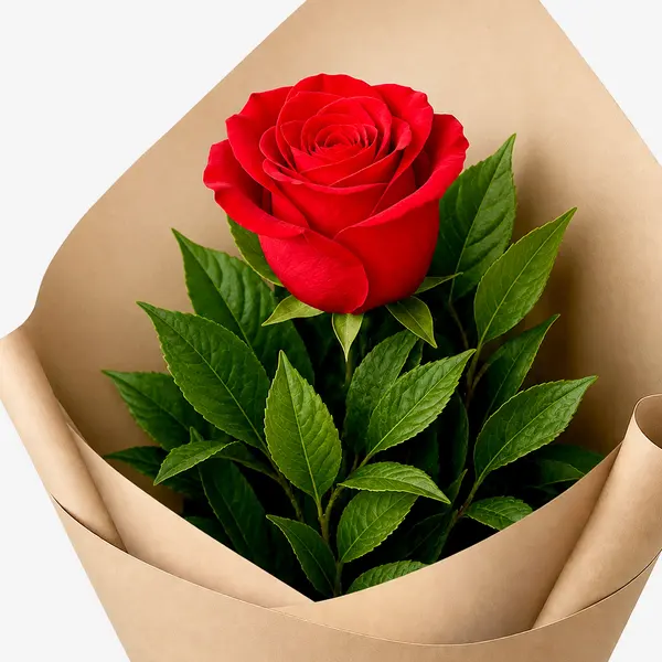 Single red rose with green leaves wrapped in brown and cream paper.