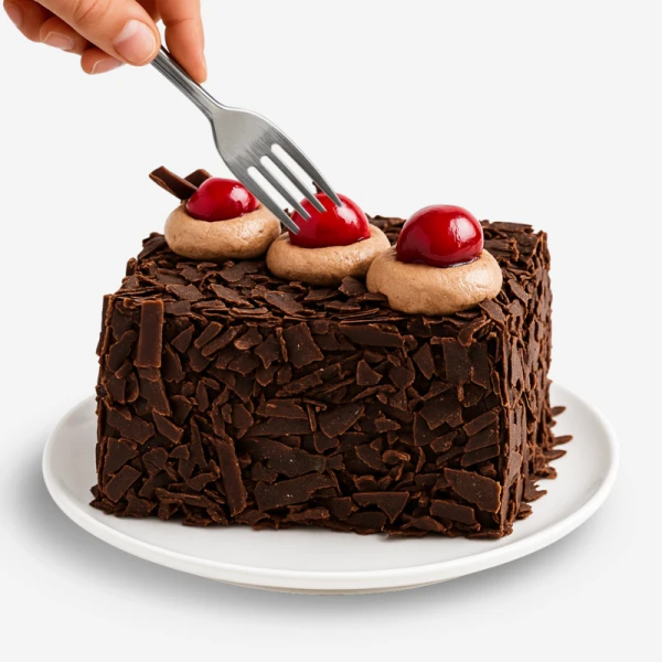 A fork piercing a chocolate cake topped with whipped cream and cherries.