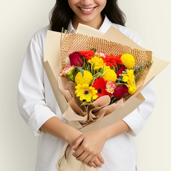 Woman in white shirt holding a vibrant bouquet of red and yellow flowers, wrapped in brown paper.
