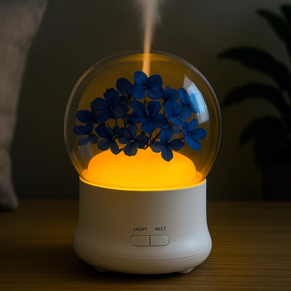 A white diffuser with a glass globe containing blue preserved flowers and an orange light, emitting a mist.