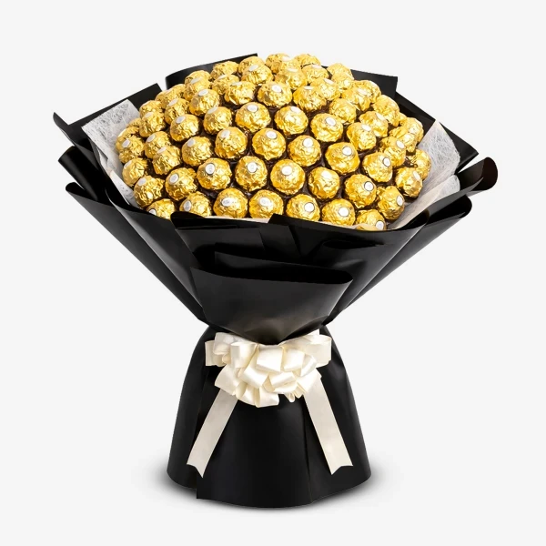 Bouquet of 99 Ferrero Rocher chocolates in gold wrappers, with black and white paper, tied with a white ribbon.