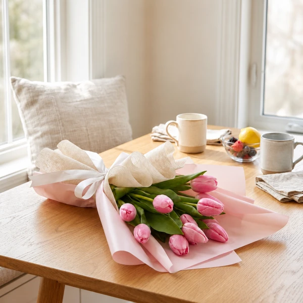 Pink tulips bouquet wrapped in pink and white paper with a white ribbon.