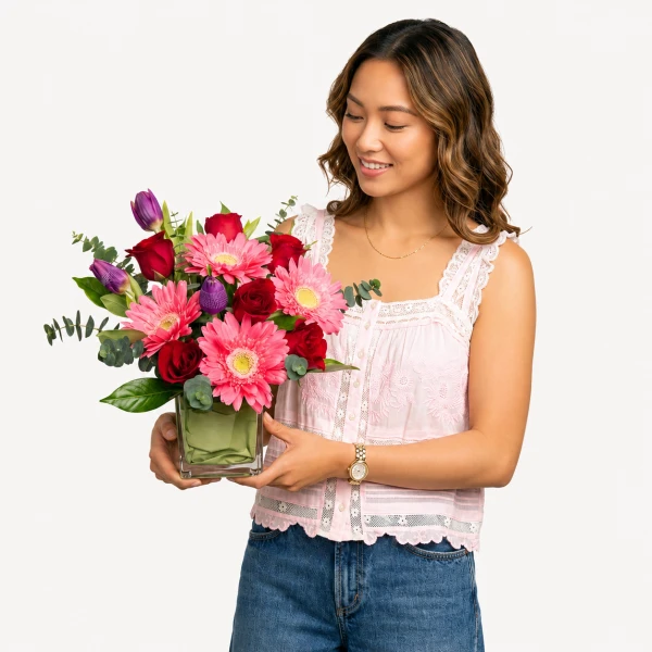 Red roses, pink gerberas, and purple tulips in a clear vase with greenery.