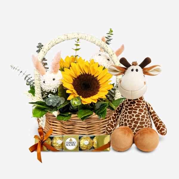 Gift basket with sunflowers, bunny plushies, and a giraffe plushie, alongside Ferrero Rocher chocolates.