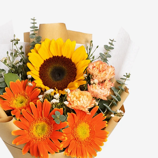 Bright bouquet with a sunflower, orange gerberas, and peachy carnations, accented with eucalyptus.
