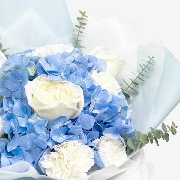 Close-up of a bouquet of blue hydrangeas and white roses and carnations, wrapped in pale blue paper.