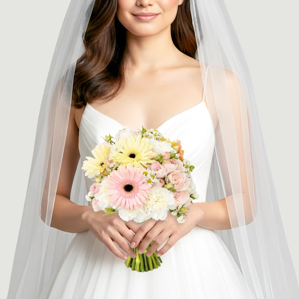 Bride in a white dress holding a bouquet of pink, yellow, and white flowers under a sheer veil.