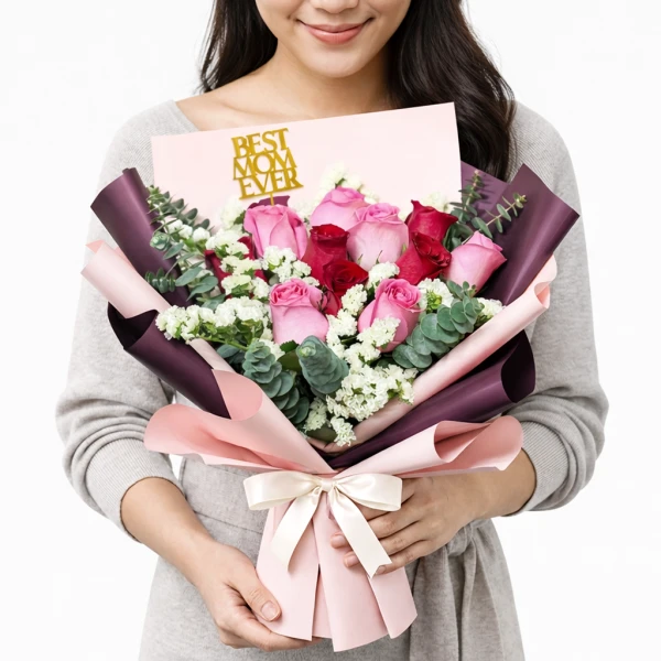 Woman holding a bouquet of pink and red roses with a "Best Mom Ever" pick, wrapped in pink and burgundy paper with a bow.