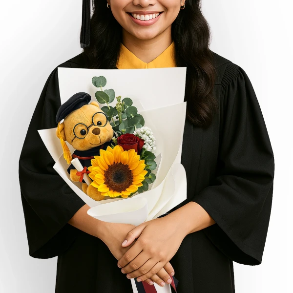 Graduating bear with sunflower bouquet and diploma.