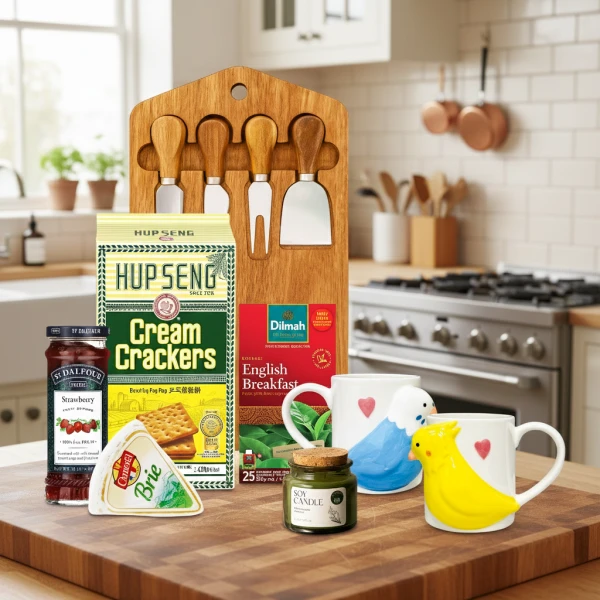 Gift set with cheese board, crackers, brie, jam, tea, and bird mugs.