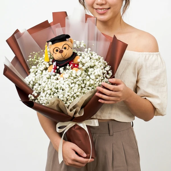 Graduation teddy bear in baby's breath bouquet with brown wrapping and ribbon.