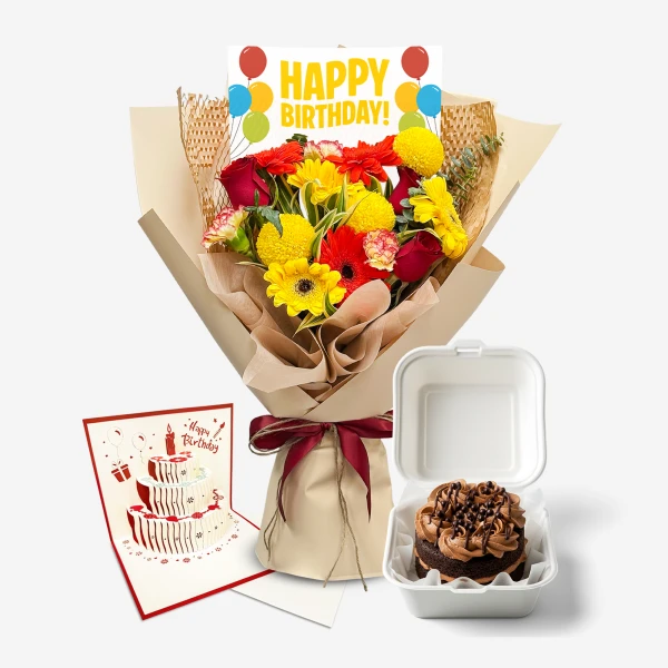 Birthday bouquet with red and yellow flowers, a pop-up cake card, and a chocolate cupcake.