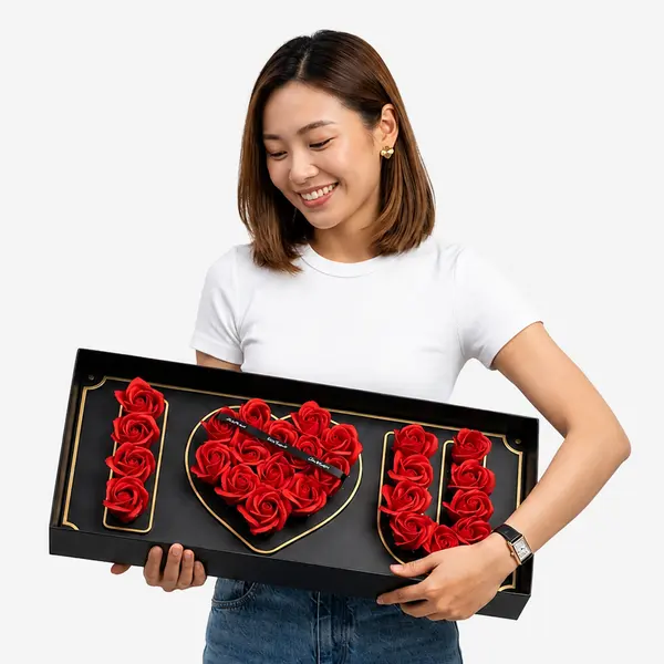 Deep Love Box with red roses arranged in "I &hearts; U" pattern in black gift box.
