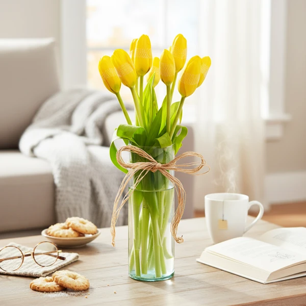 Yellow tulips in a clear vase tied with twine, on a table with cookies, glasses and a book.