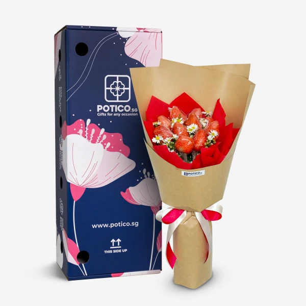 Strawberry bouquet with 10 strawberries next to a blue gift box with floral design.