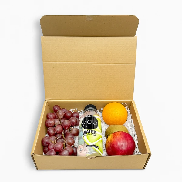 Fruitful Day gift box with grapes, orange, kiwi, apple, and Vida lime water.