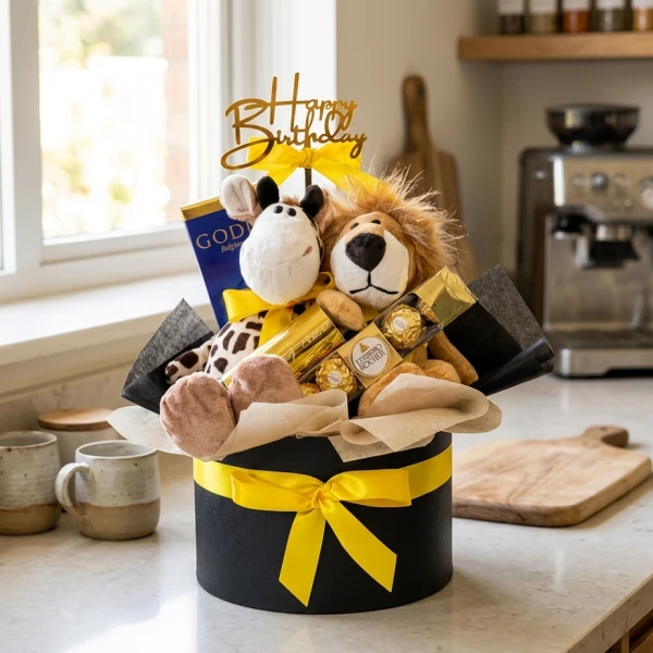 Birthday gift box with stuffed lion and giraffe, chocolates, and "Happy Birthday" topper.