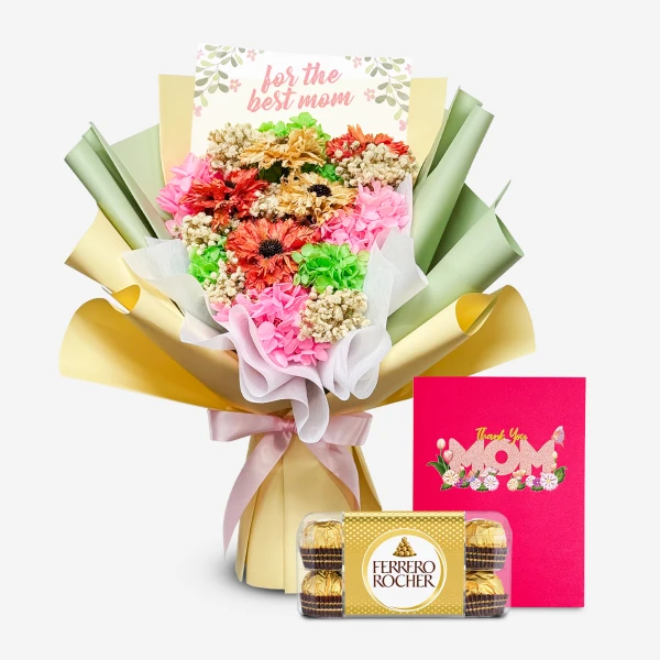 Mom's Sweet Surprise: bouquet of dried flowers, Ferrero Rocher chocolates, and a "Mom" card.