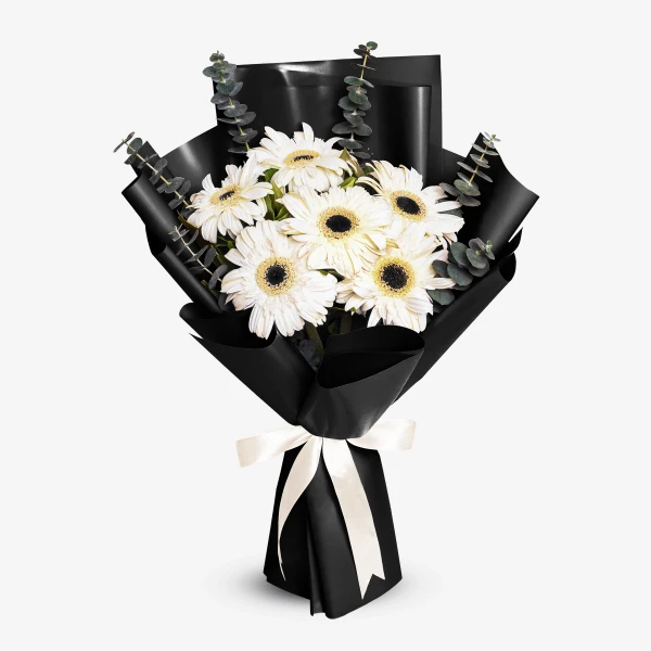 Bouquet of white gerberas with eucalyptus, wrapped in black paper and tied with a cream ribbon.