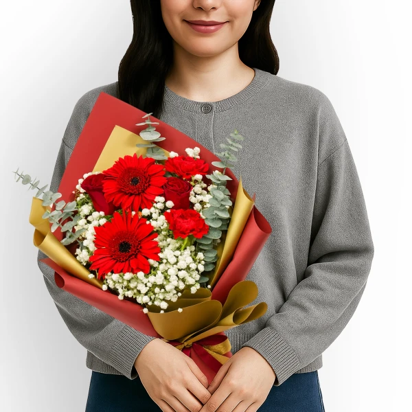 Woman holding a red gerbera daisy and rose bouquet with baby's breath and eucalyptus.