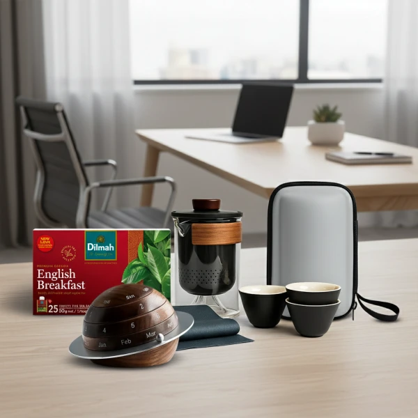 Dilmah English Breakfast tea, tea set, cups, and a perpetual calendar on a wooden desk.