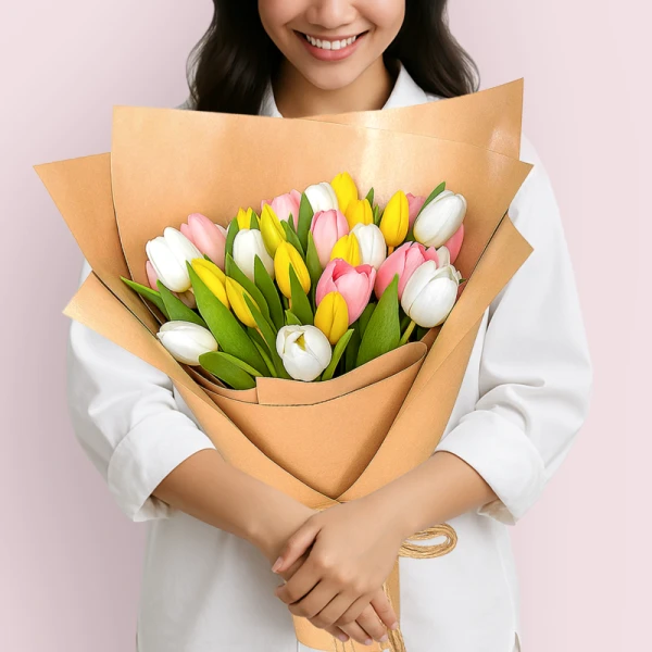 A woman holds a large bouquet of 30 pink, white, and yellow tulips wrapped in brown paper.