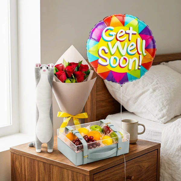 Get Well Soon balloon, red roses, fruit basket, and a cat plush on a bedside table.