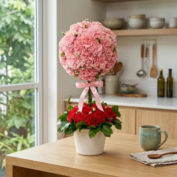 Pink and red carnation topiary with a pink bow on a wooden table.