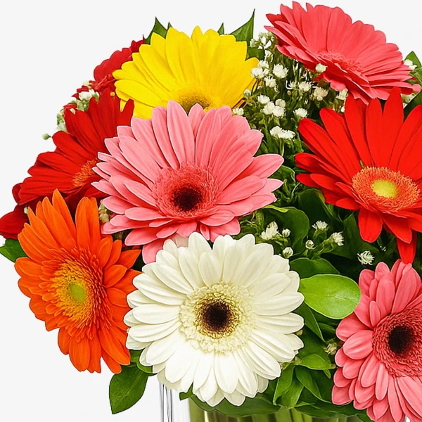 Vibrant bouquet of gerbera daisies in pink, red, orange, yellow, and white in a clear vase.