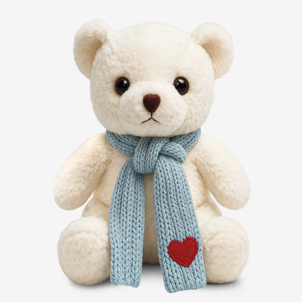 Cream teddy bear wearing a blue knitted scarf with a red heart patch.
