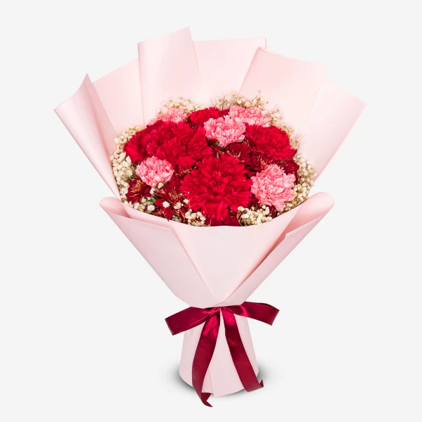 A bouquet of red and pink carnations with baby's breath, wrapped in pale pink paper and tied with a dark red ribbon.