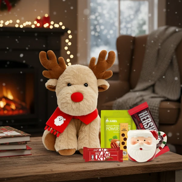 Reindeer plush with Santa mug, KitKat, Hershey's bar, and a power bar in front of a fireplace.