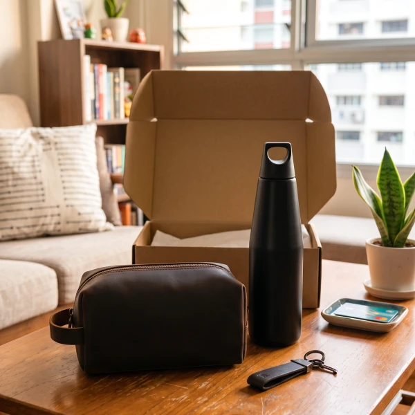 Brown leather dopp kit, black insulated tumbler, and keychain on a wooden surface.