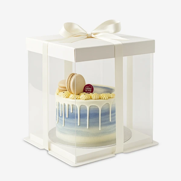 Blue and white marbled cake with white frosting drips, macarons, and edible flowers in a clear gift box.