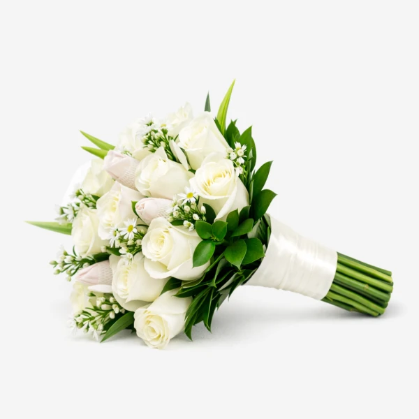 A bouquet of white roses and greenery, wrapped in white satin ribbon.