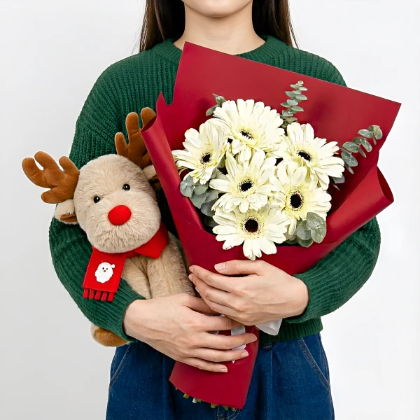 Person in green sweater holding white gerbera daisies and a plush reindeer with red scarf.