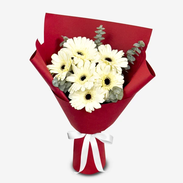 White gerbera daisies with eucalyptus in red paper wrapping tied with a white ribbon.