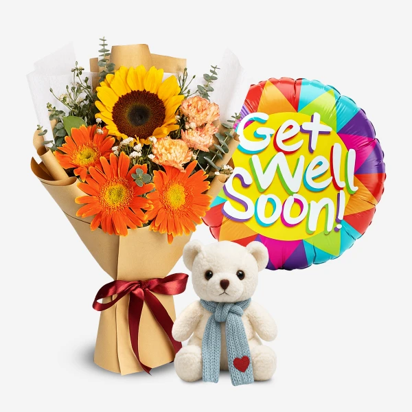 Get Well Soon bouquet with sunflower, gerbera daisies, carnations, balloon, and teddy bear.