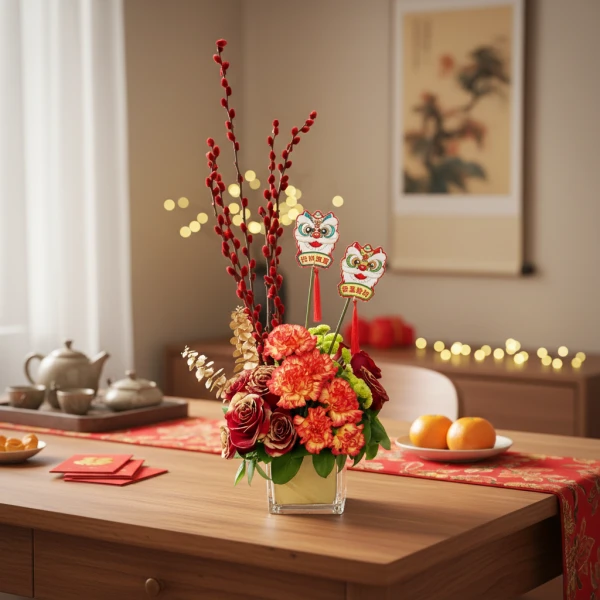 A festive floral arrangement with red pussy willows, roses, carnations, and lion dance figurines for Chinese New Year.