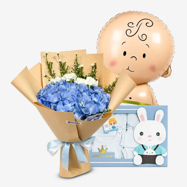 Baby boy gift set with blue hydrangea bouquet, baby clothes, and a baby-shaped balloon.