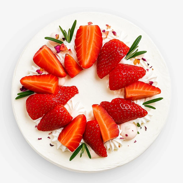 Strawberry shortcake with fresh strawberries, whipped cream, and rosemary sprigs.