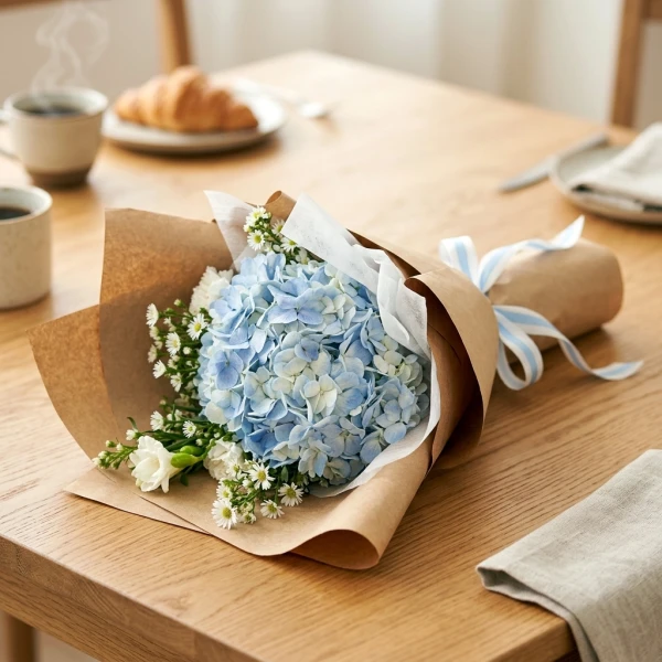 Blue hydrangeas, white carnations, and asters in brown paper with a blue and white ribbon.