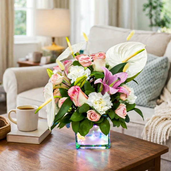 Pink and white floral arrangement in a square glass vase with fairy lights, beside a mug of coffee and a book.