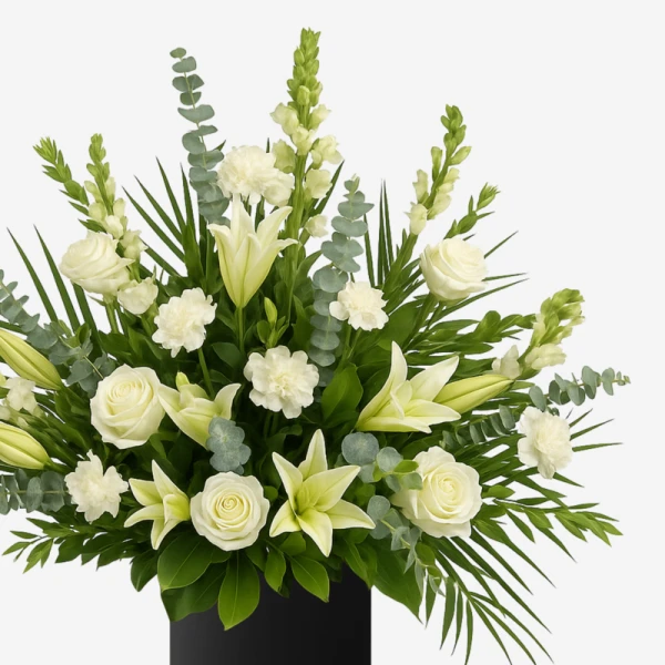 White lilies, roses, carnations, and matthiola in a sympathy arrangement.