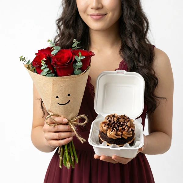 Woman holding a smiley face wrapped bouquet of red roses and a double chocolate bento cake.