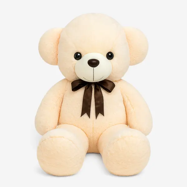 Cream-colored giant teddy bear with a brown bow tie, sitting against a white background.