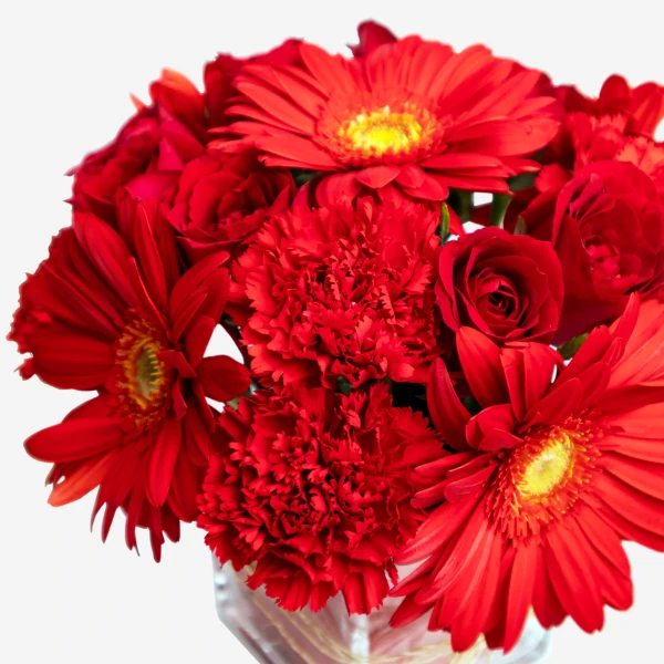 A bouquet of vibrant red roses, carnations, and gerbera daisies in a glass vase.